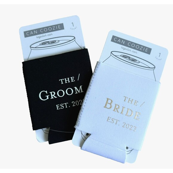 The GROOM EST. 2023 & The BRIDE EST. 2023 Can Coozie Koozie Gift Lot Of 2 - Picture 1 of 3